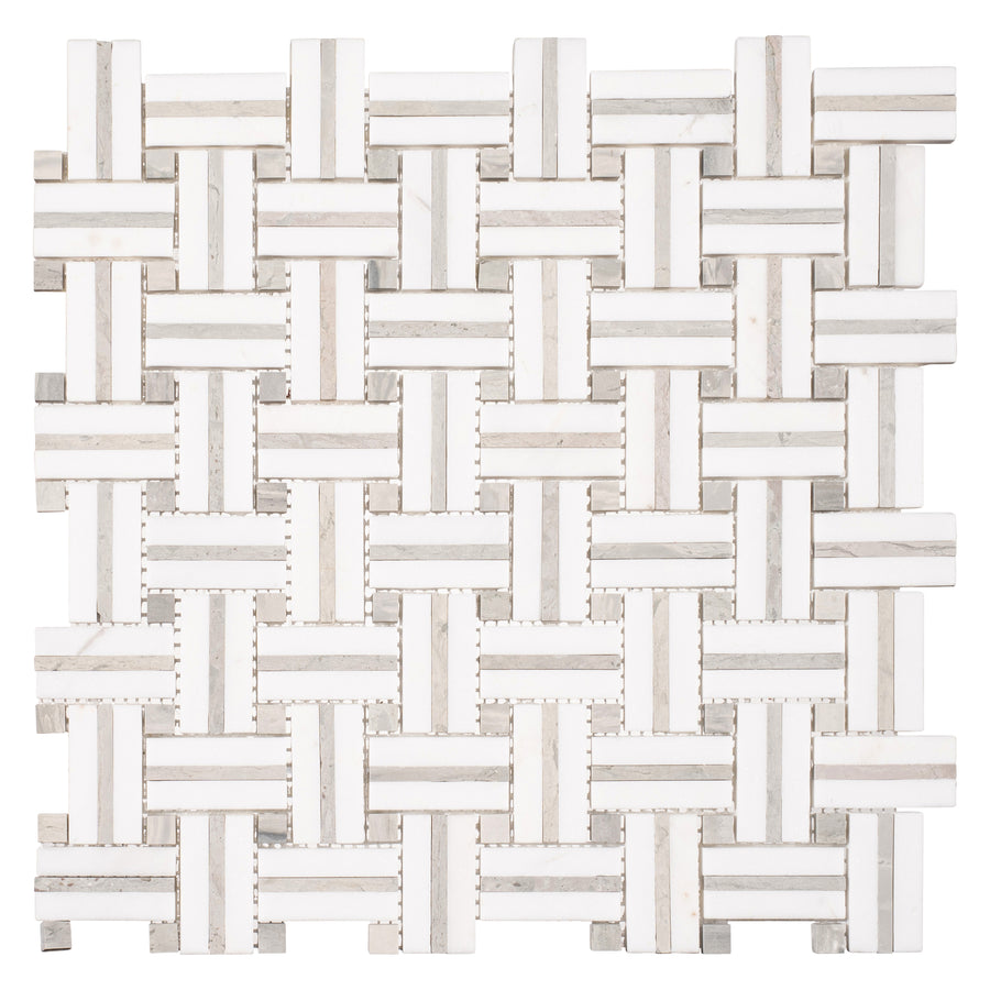 The Ultra Weave 12" x 12" Ceramic Tile in Nubian Tapestry features a woven geometric surface with interlocking white and light gray strips, creating a striking and textured mosaic design.