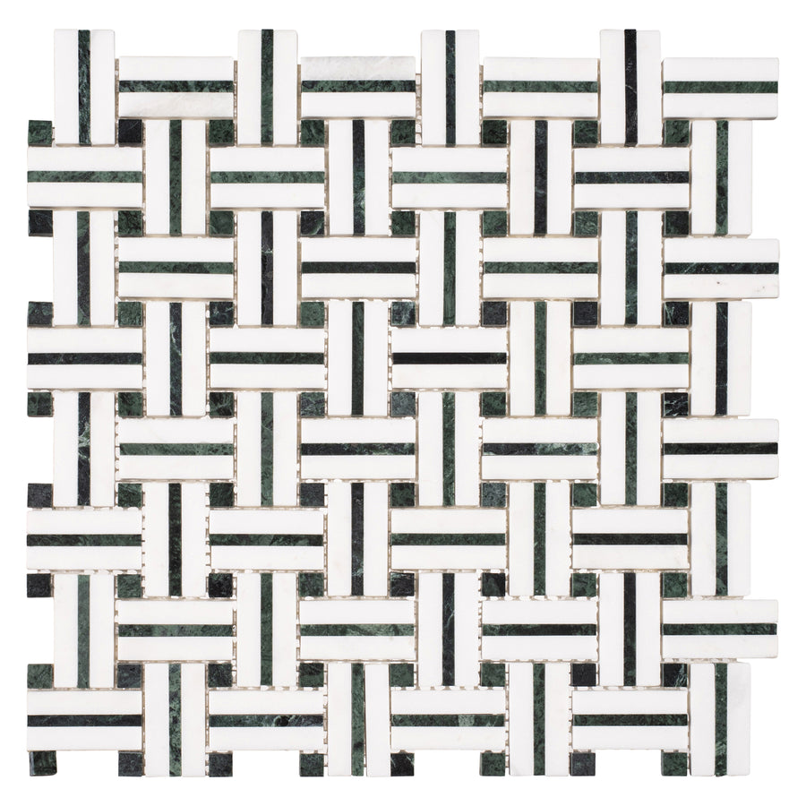 The Ultra Weave 12" x 12" Ceramic Tile in Elegant Twill features a geometric, interlocking basket-weave pattern with white, green, and black tiles, creating a textured, grid-like look reminiscent of woven surfaces.