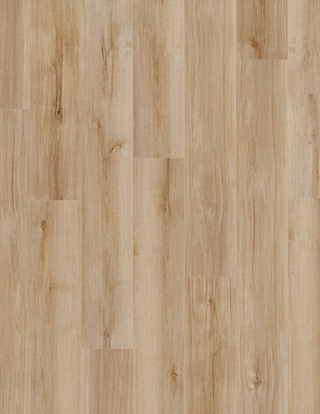 Coretec Pro Plus Enhanced Vinyl features a light brown wood look with natural grain and knots in horizontal planks. This luxury, waterproof flooring has a smooth finish, subtle color variations, and offers both elegance and durability.