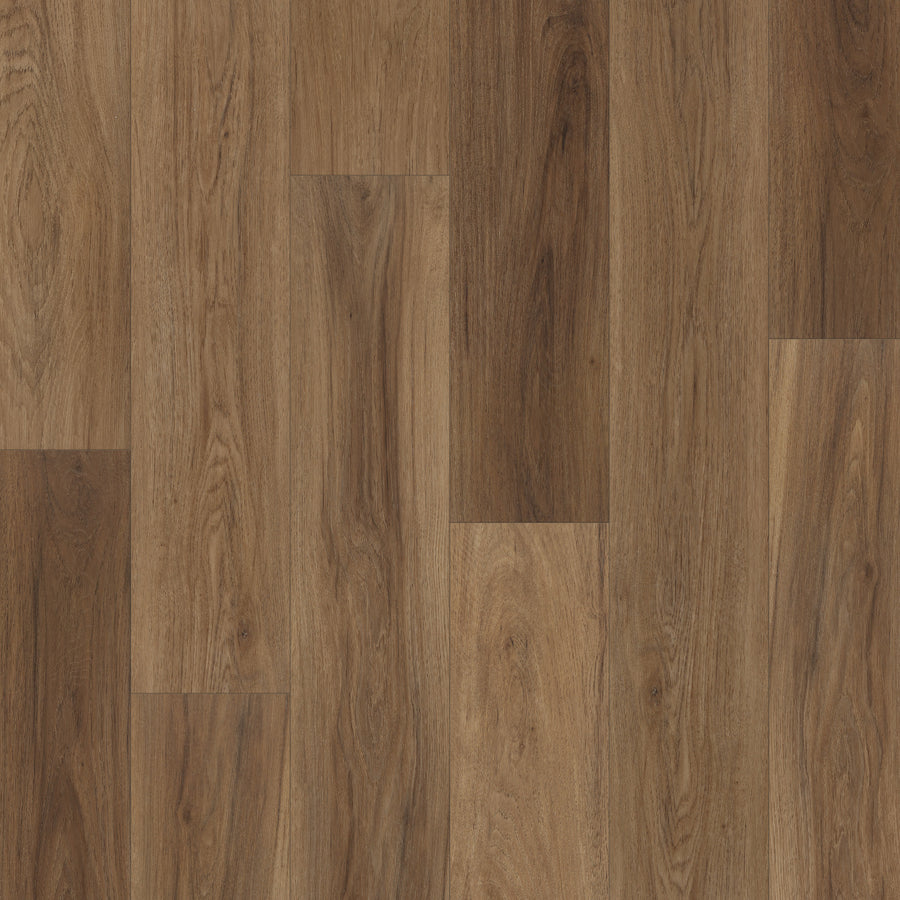 A close-up of Coretec Pro Plus Enhanced Vinyl reveals medium brown wood grain and rich textures—an ideal choice for spaces needing durable, waterproof luxury flooring.