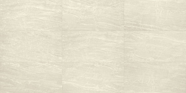 The Cosmic 12x24 Rectified Porcelain Tile features a light beige tone with subtle wavy texture, smooth surface, and gentle color variation, arranged in a grid for an elegant, modern appearance.