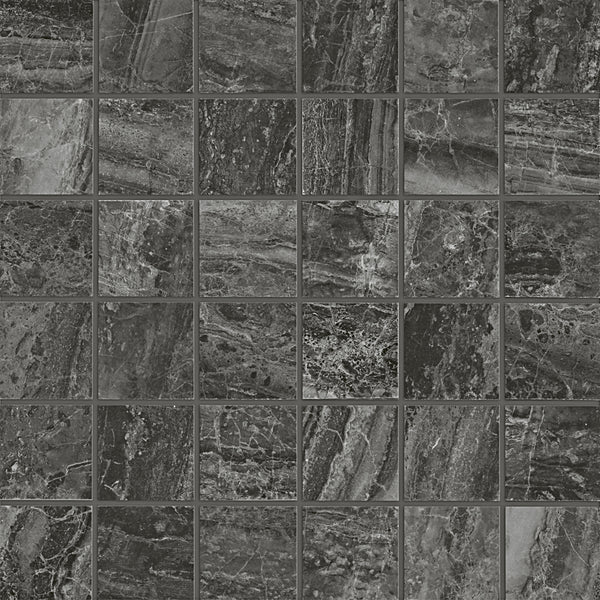 A close-up view of Cosmic 2x2 Mosaic: a grid of dark gray and black luxury marble floor tiles with natural veining and texture, arranged in a square mosaic pattern.