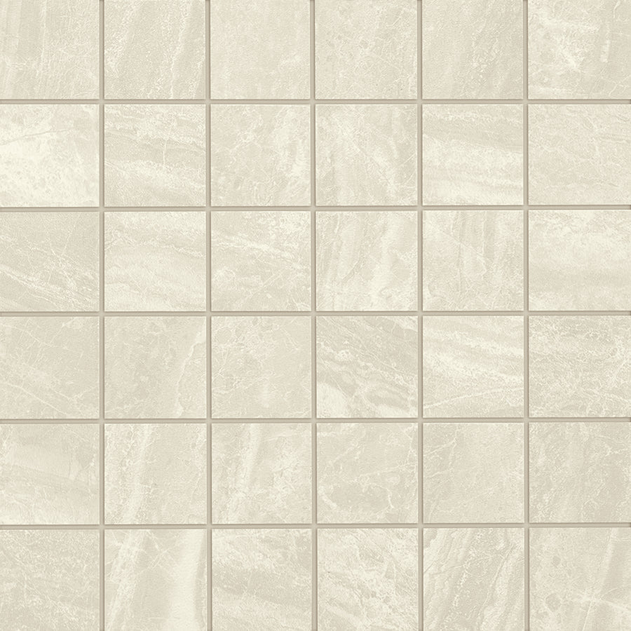 A grid of light beige Cosmic 2x2 Mosaic tiles with subtle marble-like veining creates a clean, neutral, and luxurious floor surface.