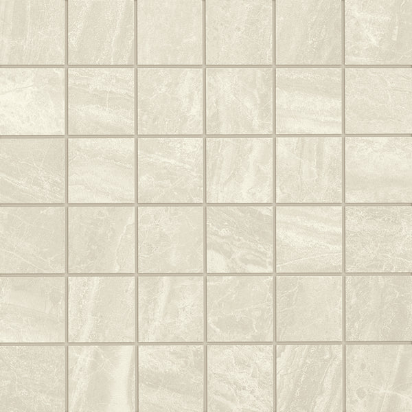 A grid of light beige Cosmic 2x2 Mosaic tiles with subtle marble-like veining creates a clean, neutral, and luxurious floor surface.