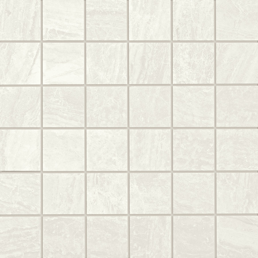The Cosmic 2x2 Mosaic features light gray rectified ceramic tiles with subtle marble-like patterns and thin white grout lines, delivering a clean, modern look.