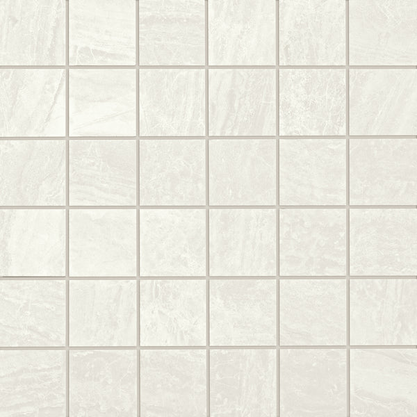 The Cosmic 2x2 Mosaic features light gray rectified ceramic tiles with subtle marble-like patterns and thin white grout lines, delivering a clean, modern look.