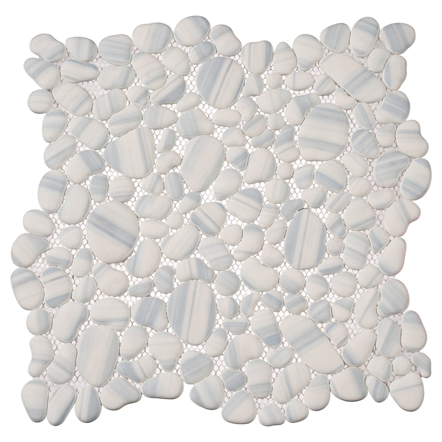 The Vista Chino 12x12 Glass Mosaic Tile in Maya Rain features smooth, irregular white and light gray glass pieces arranged closely for a natural stone mosaic look. Pieces vary in size and display a subtle striped pattern.