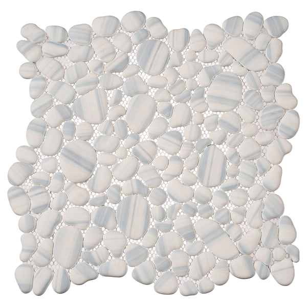 The Vista Chino 12x12 Glass Mosaic Tile in Maya Rain features smooth, irregular white and light gray glass pieces arranged closely for a natural stone mosaic look. Pieces vary in size and display a subtle striped pattern.