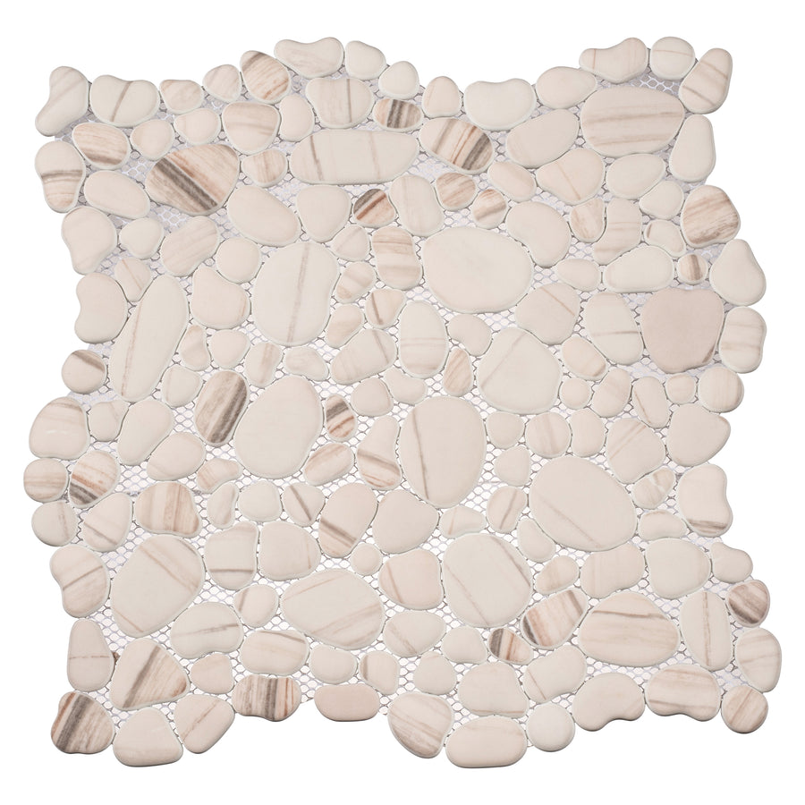 The Vista Chino 12x12 Glass Mosaic Tile in Gracius Pink features irregular mosaic pieces with natural striations, mounted on a mesh backing for easy installation.