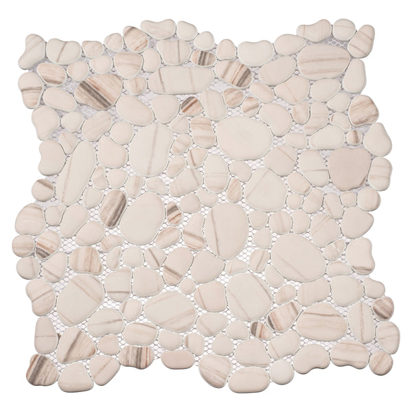 The Vista Chino 12x12 Glass Mosaic Tile in Gracius Pink features irregular mosaic pieces with natural striations, mounted on a mesh backing for easy installation.