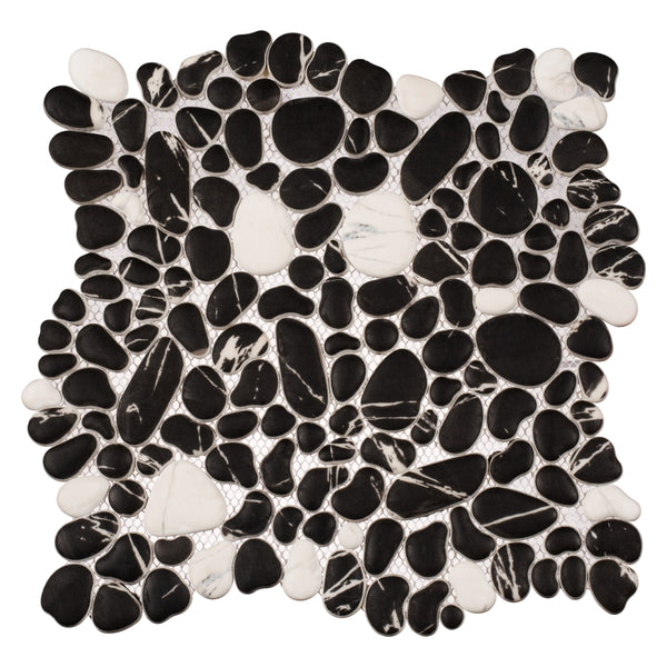 The Vista Chino 12x12 Glass Mosaic Tile in Pepper Folia features closely arranged, irregular black, white, and marbled pieces that create a textured, organic pattern with rounded shapes and curved edges.