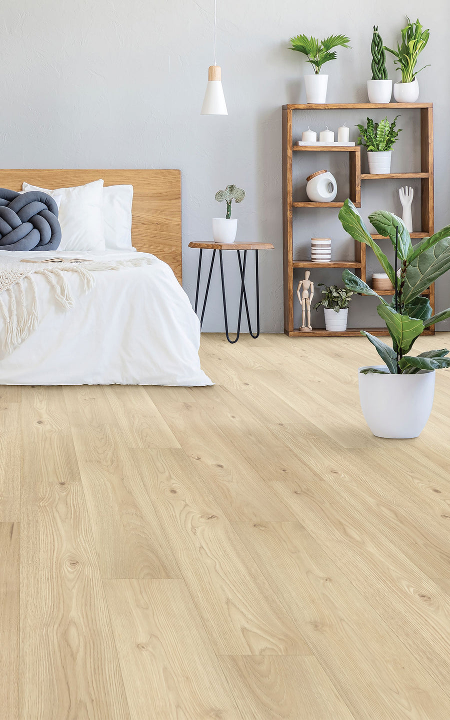 A bright bedroom with Freywood Springs 8 11/32" Waterproof Laminate flooring, a wooden bed with white bedding, a small black table, a wood shelving unit decorated with plants, and a large potted plant in the foreground.