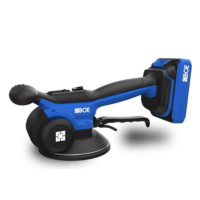 The blue and black Vibrating Suction Cup by BOE is a cordless tool with a handle, battery pack, and round sanding pad, ideal for stone installation projects and smooth finishes.