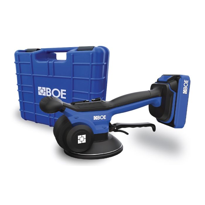 The BOE Vibrating Suction Cup, shown in blue and black, is designed for stone installation or large tile work. It’s pictured with a matching blue carrying case, both featuring the BOE logo.