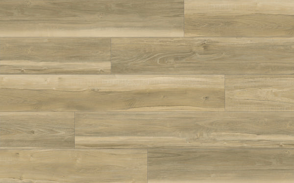 Wooden floor with long, rectangular, light brown planks arranged in a staggered pattern. The surface shows natural wood grain and subtle color variations, giving it a warm and rustic appearance.