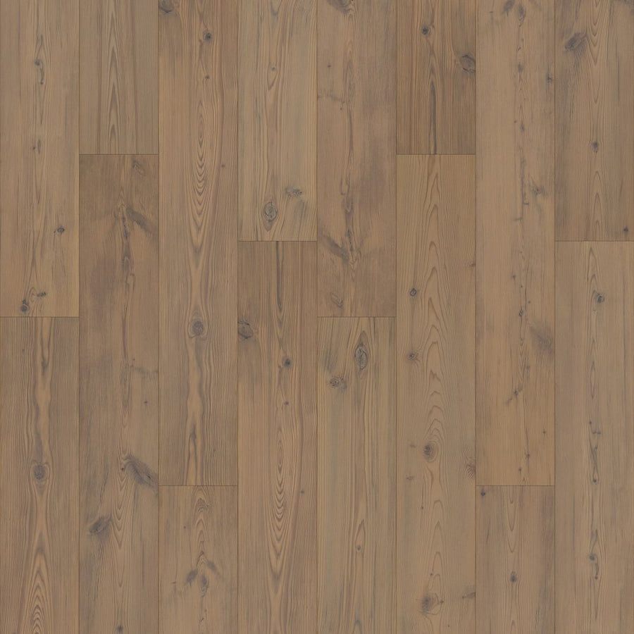 A close-up of Glacial Isle 8 11/32" Waterproof Laminate in Viking Horn Pine, showing natural wood grain and knot details in brown tones. The planks are arranged in a staggered pattern for an authentic look.