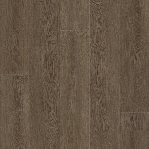Close-up of Coretec Originals Classics Vinyl flooring in medium-brown, featuring distinct wood grain patterns and staggered seams that highlight its rigid core construction.