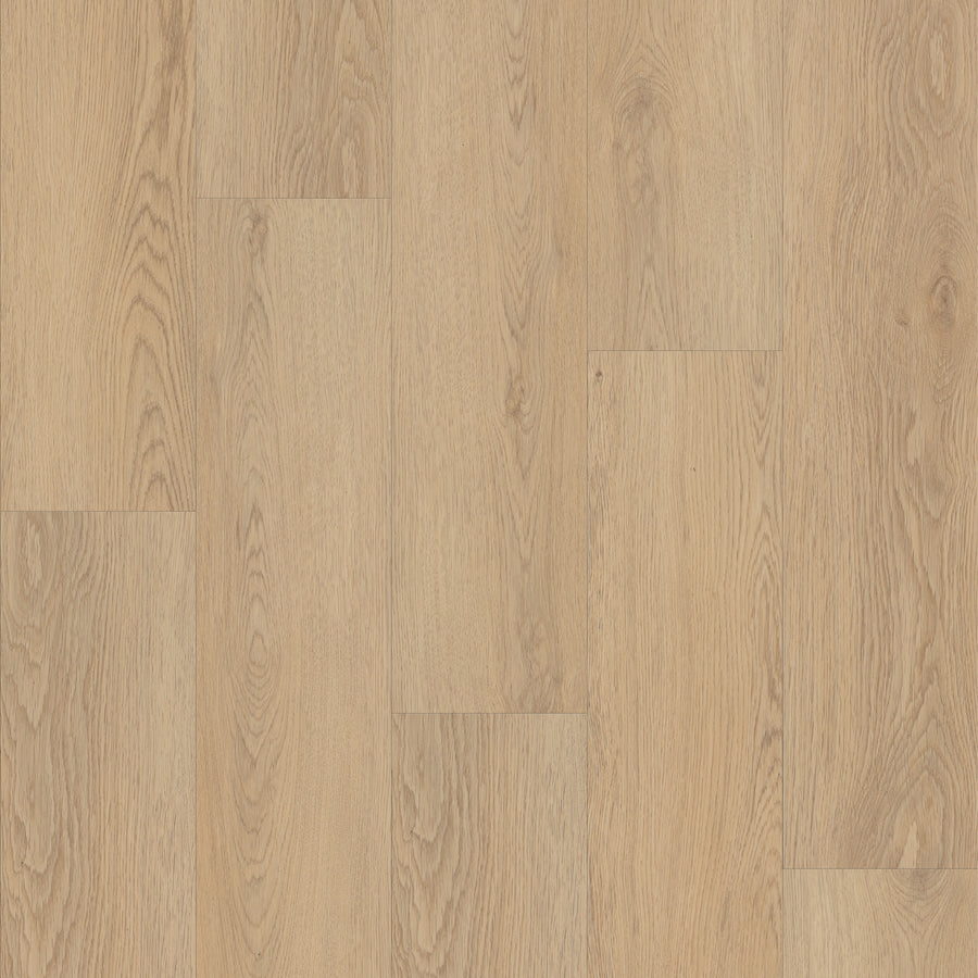 Endura 5C Plus 7" Vinyl features a light wood look with a natural, smooth grain pattern and subtle texture. Its planks are arranged in a staggered layout, displaying elegant shades of beige and tan.