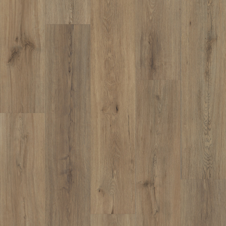 Endura 5C Plus 7" Vinyl features light to medium brown planks with natural grain and knots, arranged in a staggered pattern. The smooth finish offers a rustic look, combining style and durability for any space.