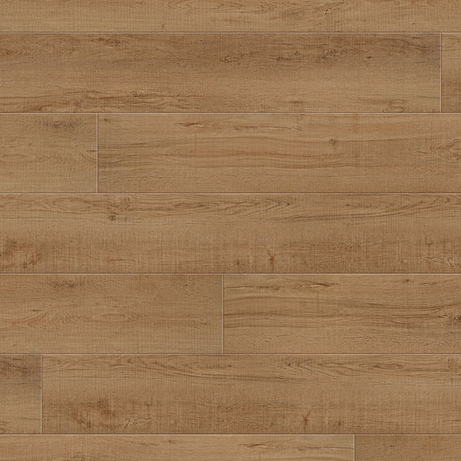 Coretec Plus XL Enhanced Vinyl luxury planks in light brown feature a natural wood grain texture, subtle shade variations, and a staggered layout for a realistic, waterproof flooring look.