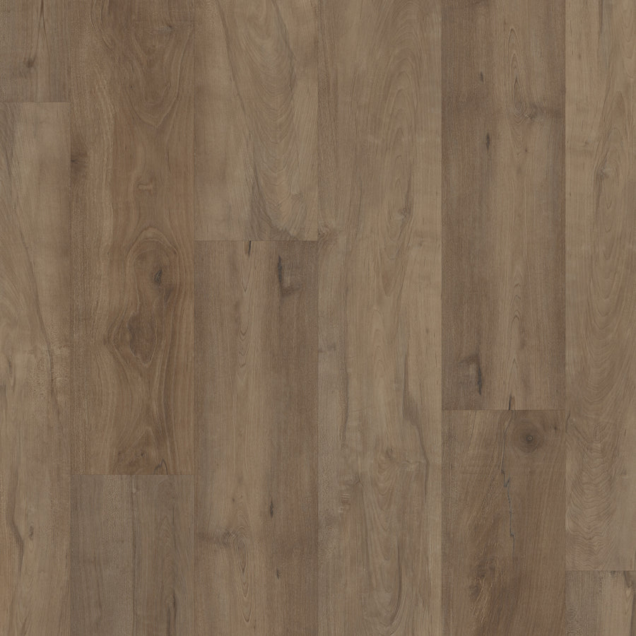 Close-up view of Coretec Pro Plus HD 7" Vinyl Plank flooring with a natural brown finish, featuring realistic wood grain patterns, knots, and varied brown shades in each plank.