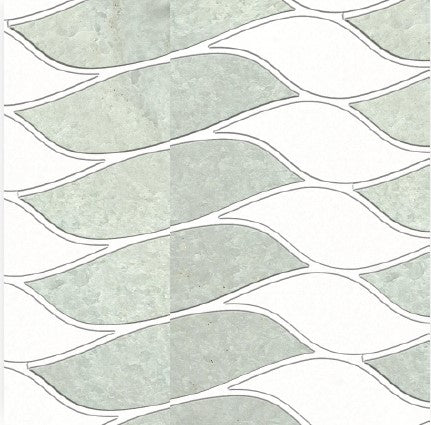 Waves Polished Marble Mosaic Tile features gray, leaf-shaped pieces with white outlines in a wavy, interlocking layout. Its polished finish and subtle variation add natural texture, making it ideal for luxury interior design.