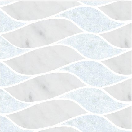 The Waves Polished Marble Mosaic Tile features a repeating pattern of wavy, leaf-shaped tiles in light gray marble and textured pale blue, separated by thin white lines for a flowing, modern look perfect for luxury interiors.