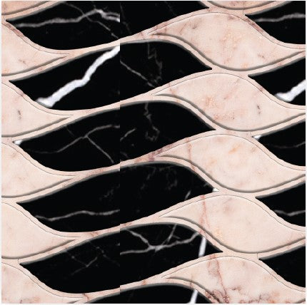 Waves Polished Marble Mosaic Tile features wavy, leaf-like beige shapes on a black marble background with white veins, evoking luxury interiors and creating a flowing, alternating effect reminiscent of premium tile designs.