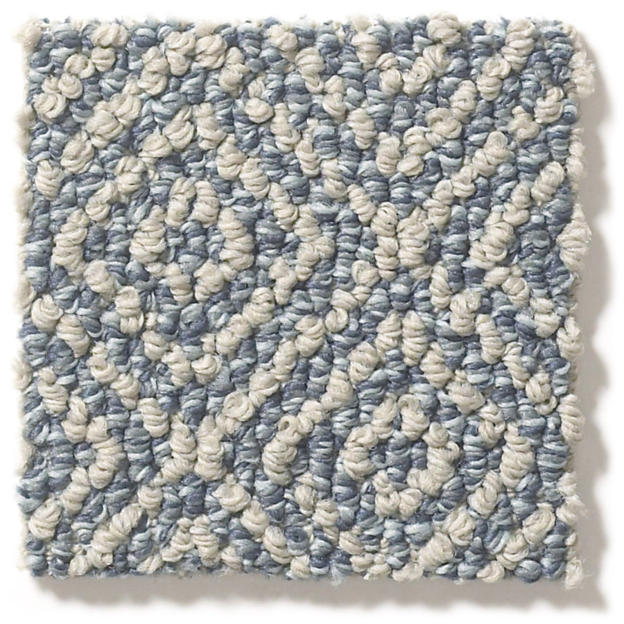 The Stroll Pet Friendly Carpet features a square loop design with interlocking diamond and circular patterns in light blue and cream, offering stylish durability in any home.