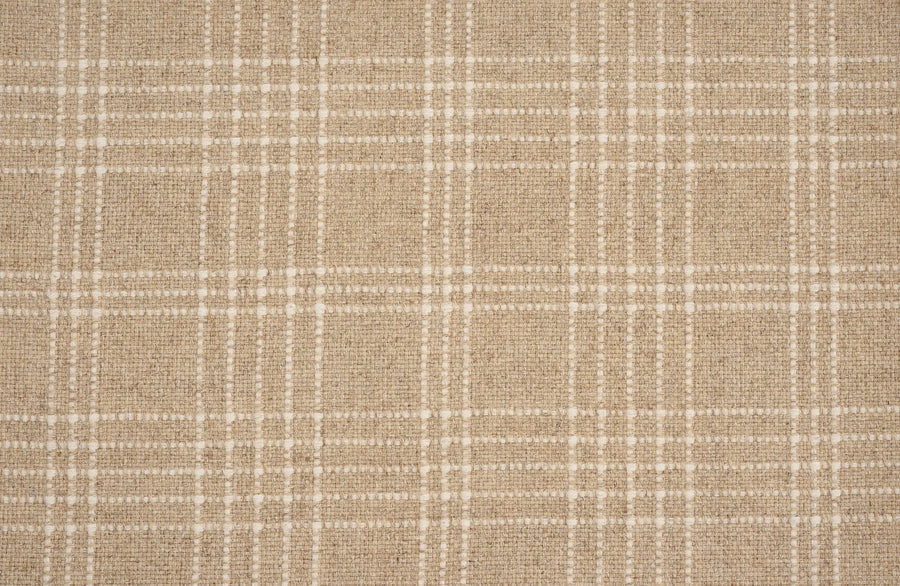 Close-up of Pristine Plaid Berber Carpet in Wheat, showing a refined plaid pattern with white lines forming a grid. The soft, woven texture makes it an excellent choice for durable and stylish furniture upholstery.