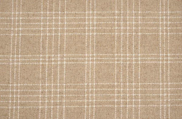 Close-up of Pristine Plaid Berber Carpet in Wheat, showing a refined plaid pattern with white lines forming a grid. The soft, woven texture makes it an excellent choice for durable and stylish furniture upholstery.
