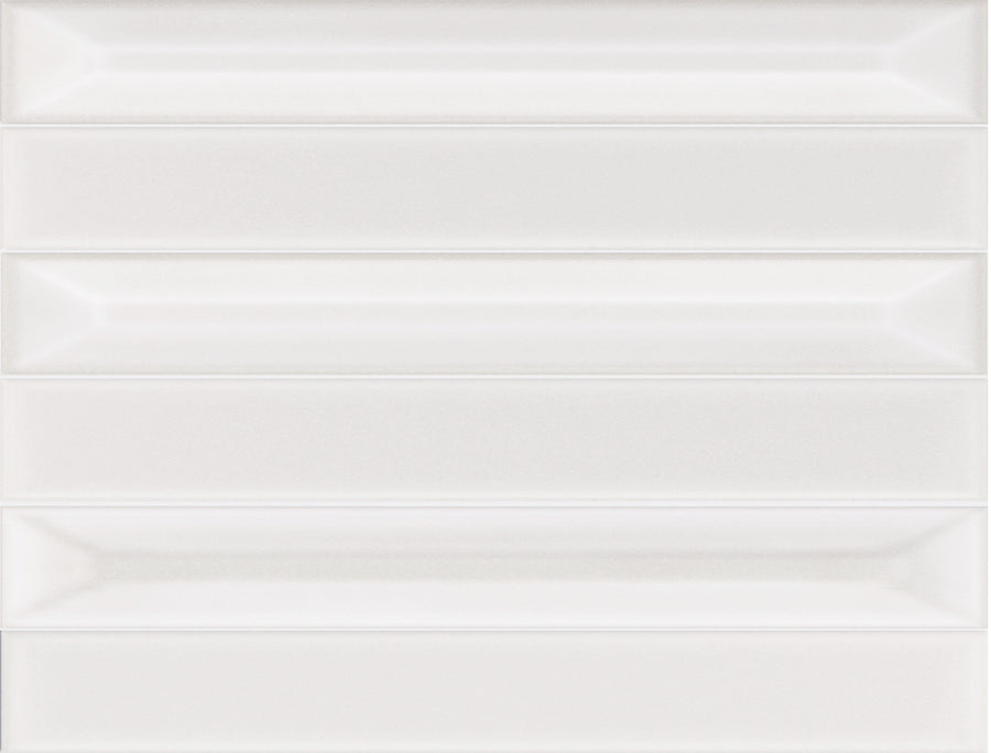 Jewelz 12x16 Glazed Porcelain Tiles in White Calcite are arranged in a vertical stack, with each glossy rectangular tile featuring a beveled edge that casts subtle shadows and lends the surface a gently three-dimensional look.