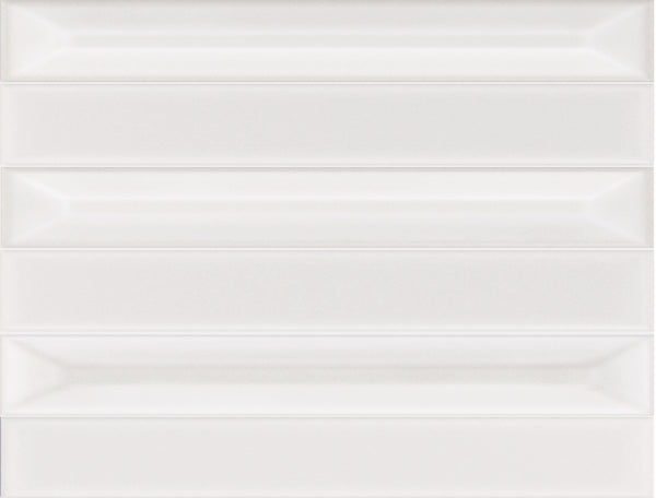 Jewelz 12x16 Glazed Porcelain Tiles in White Calcite are arranged in a vertical stack, with each glossy rectangular tile featuring a beveled edge that casts subtle shadows and lends the surface a gently three-dimensional look.