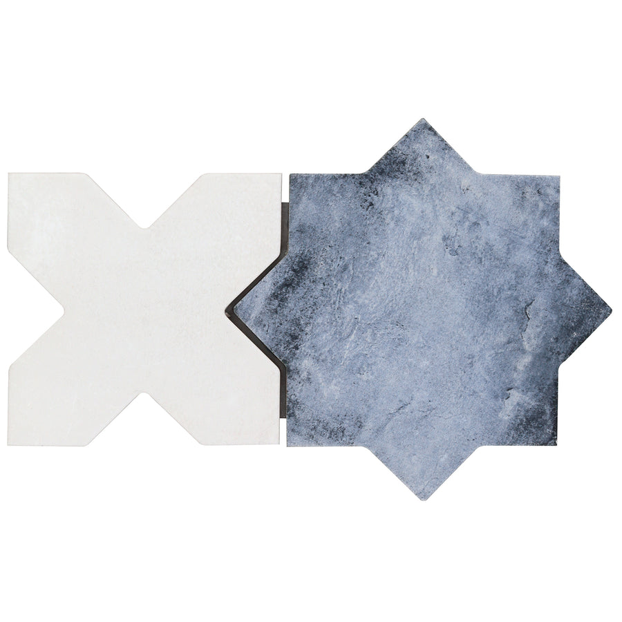 Two interlocking Morocco Star & Cross Porcelain Tiles, one white X shape and one blue-gray eight-pointed star with a matte finish, are set side by side against a white background for a premium design tile look.
