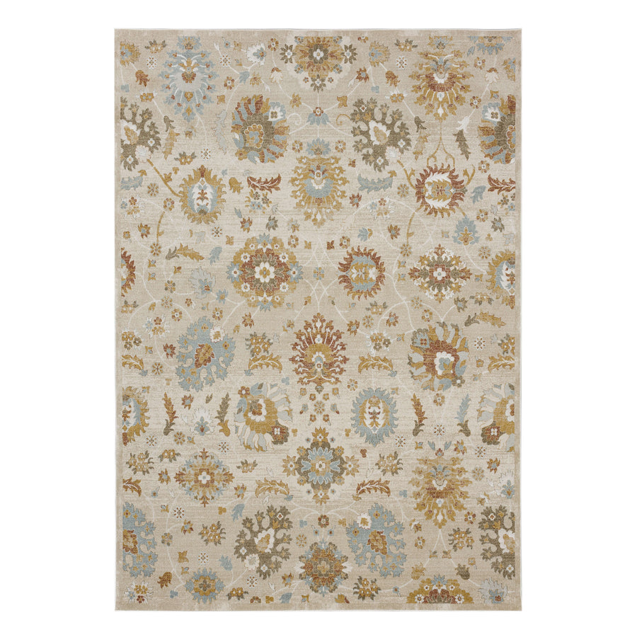 The Windermere Whitehaven Beige Area Rug features an ornate multicolor floral and leaf design in muted brown, gold, blue, and cream tones—a stylish way to add elegance to any room.