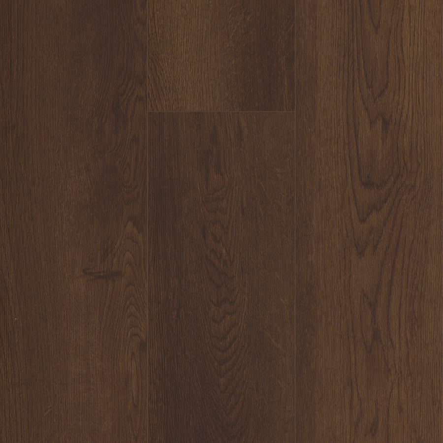 Close-up of Coretec Plus XL Enhanced Vinyl in dark brown, showcasing visible grain patterns and subtle texture variations, arranged in a straight vertical layout.