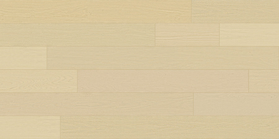 Denali II 7 1/2" Hardwood features light-colored White Oak with horizontal planks, subtle grain patterns, and slight shade variation, offering a smooth, uniform oiled finish.