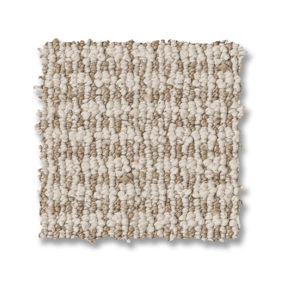 A square sample of Laine On Trend Carpet with a looped pile and subtle beige and cream stripes is shown isolated on a white background.