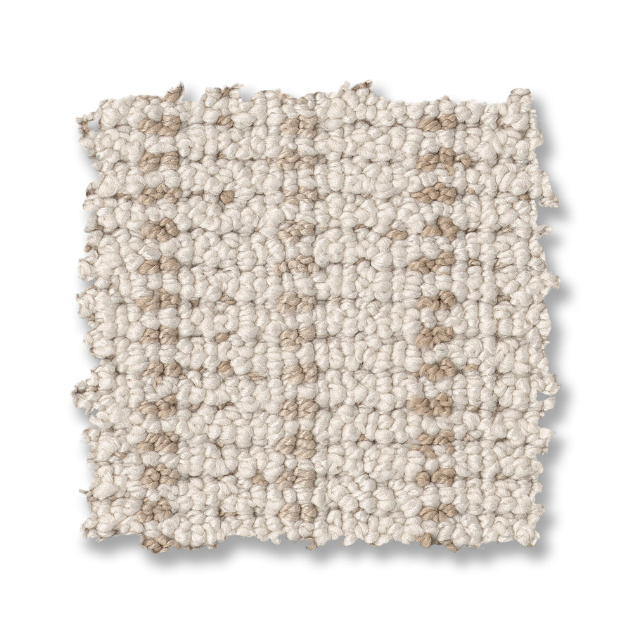 A square swatch of Laken On Trend Carpet, featuring textured loop-pile in light beige with subtle darker beige flecks, displayed on a white background.