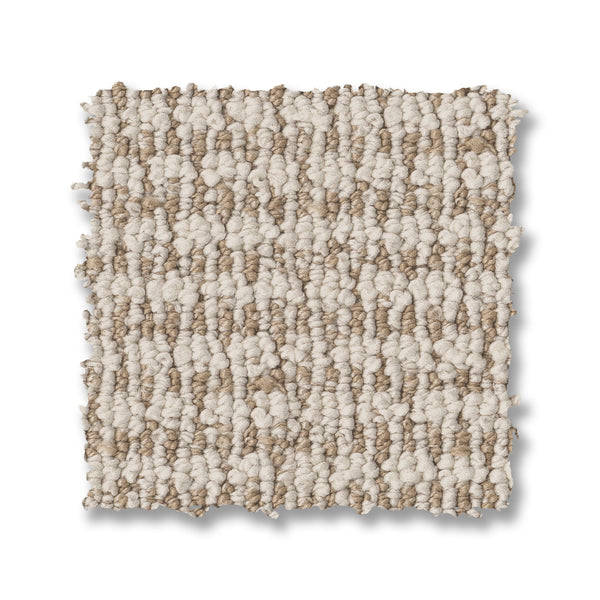 A square sample of Laine On Trend Carpet with a looped pile and subtle beige and cream stripes is shown isolated on a white background.
