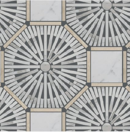 The Yangsan Polished Marble Mosaic Tile features an abstract geometric pattern with gray and white octagons, marble-like squares, and beige borders for a symmetrical, luxurious look.