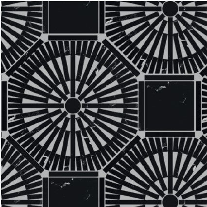 The Yangsan Polished Marble Mosaic Tile features an abstract geometric design with black sunburst circles and solid squares on a gray background, radiating lines, and a subtle distressed texture in a grid-like mosaic layout.
