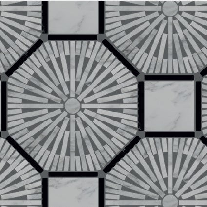The Yangsan Polished Marble Mosaic Tile features a geometric pattern of large octagons with radiating lines and small squares, showcasing a luxurious blend of gray and black in an abstract, marble-textured design.