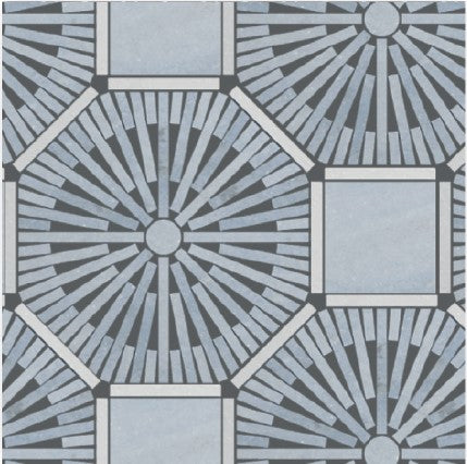 The Yangsan Polished Marble Mosaic Tile features a geometric pattern of large octagons with radiating lines and smaller squares in blue and gray, creating a luxurious abstract marble design.