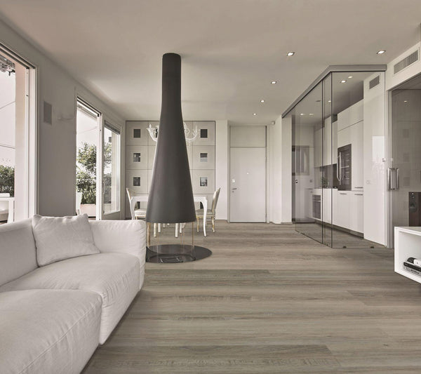 Modern living room with light wood floors, white sofa, open dining area with a black cone-shaped fireplace, glass-walled kitchen, and large windows with outdoor views. The design is minimalist and spacious.