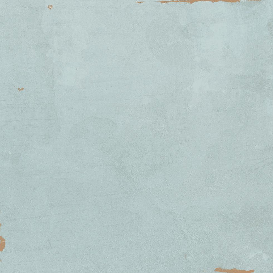 Light blue textured background with rough, faded patches and small areas of exposed brown edges, giving it a weathered, vintage appearance.