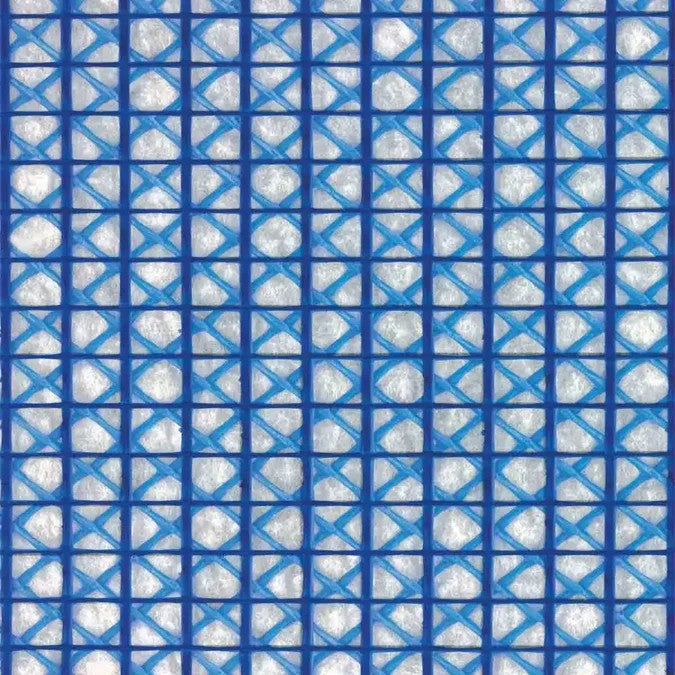 The Blanke Permat 2' x 3.2" Sheet features a grid of blue lines creating squares, each with a silver or white circle and blue diagonals—resembling the fiberglass mesh used in subfloor reinforcement for tile underlayment.