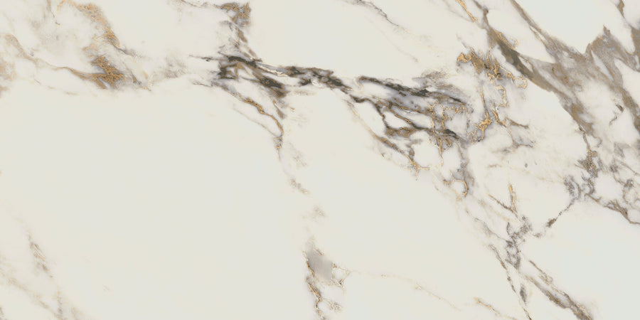 Altissimo 12" x 24" Ceramic Tile features a polished white surface with diagonal gray and gold veining, offering a natural and elegant look—ideal for luxury flooring designs.