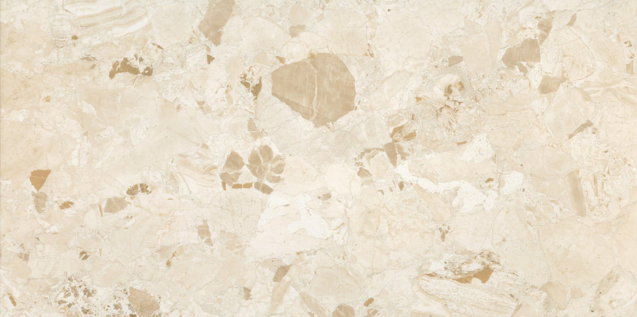 A close-up of the Bella Terra 24" x 48" Ceramic Tile in Torani, displaying beige tones with cream, tan, and light brown shades, plus natural veining and irregular stone-like patterns throughout.