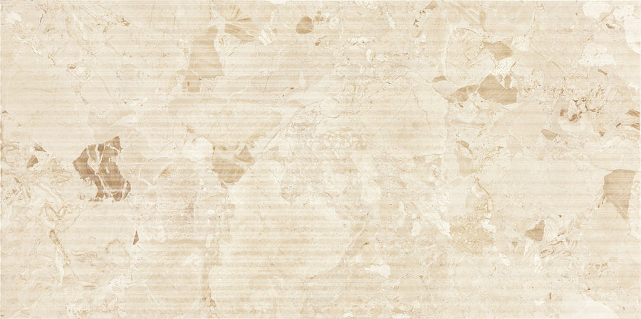 Bella Terra Deco 24" x 48" Ceramic Tile in Torani features a light beige marble look with subtle veins and patterns, combining smooth and textured areas for a premium, natural stone-inspired flooring style.